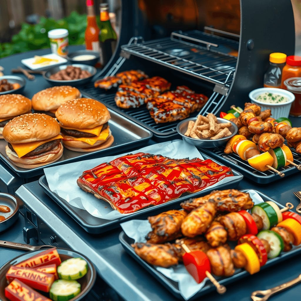 A sizzling barbecue spread featuring cheeseburgers, glazed ribs, grilled chicken, veggie skewers, and assorted condiments—an essential part of The Ultimate Cook Out Menu.