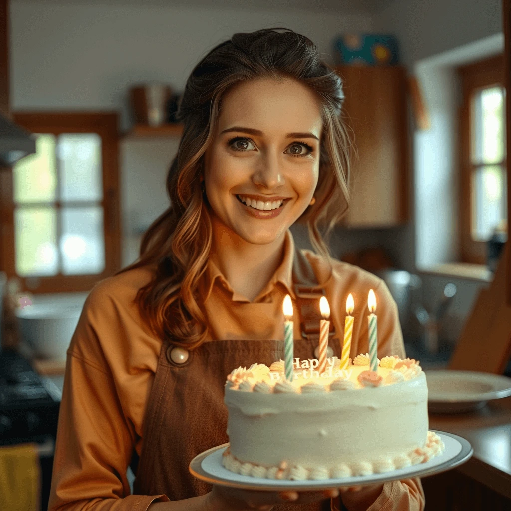 A smiling woman holding a beautifully decorated birthday cake with lit candles in a cozy kitchen setting.