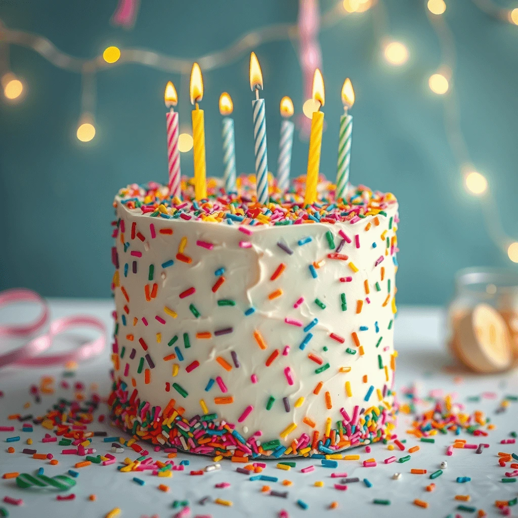 A beautifully decorated birthday cake with rainbow sprinkles and lit candles, celebrating the joy and tradition of birthdays.