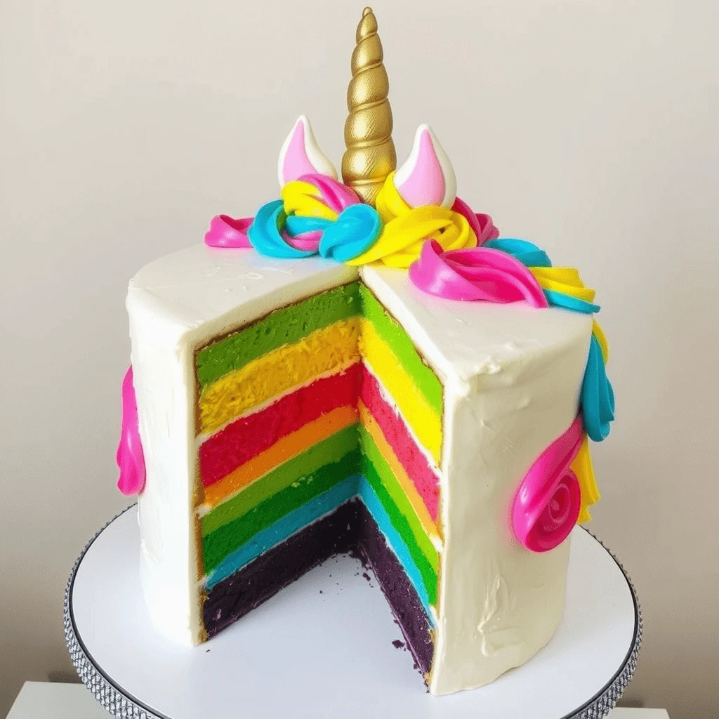 A vibrant unicorn cake with a rainbow-layered interior, topped with a golden horn and colorful swirls, perfect for a whimsical celebration.