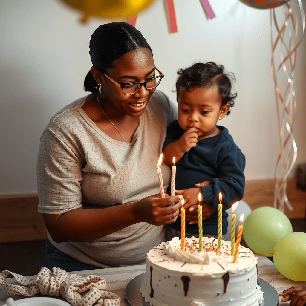 A close-up of a beautifully decorated birthday cake with lit candles and colorful frosting.