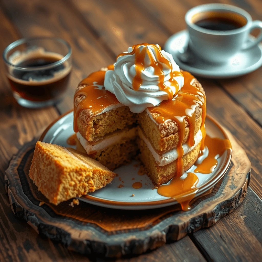 A rich caramel-drizzled sponge cake topped with whipped cream, served on a rustic wooden plate with a cup of coffee.