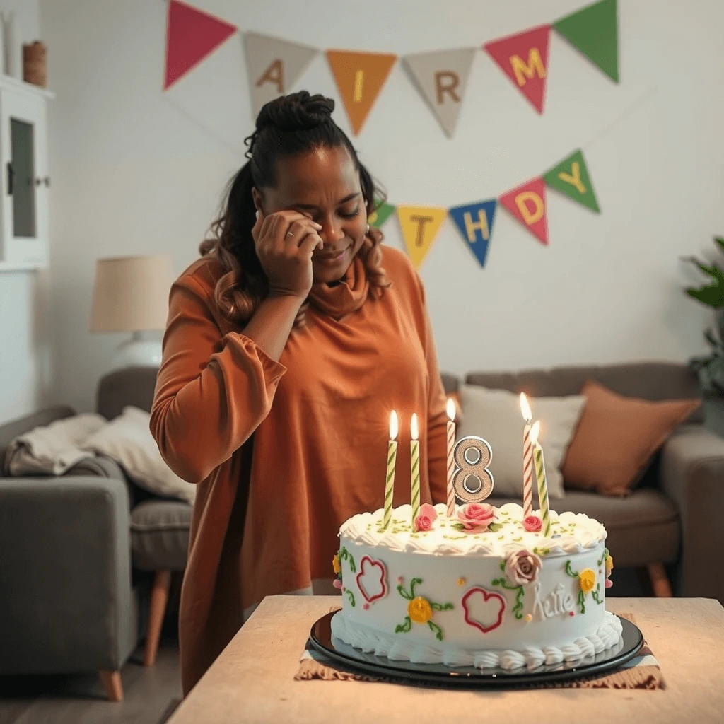 A woman wiping away tears of joy while standing near a beautifully decorated birthday cake with lit candles, set in a cozy living room with colorful bunting in the background.