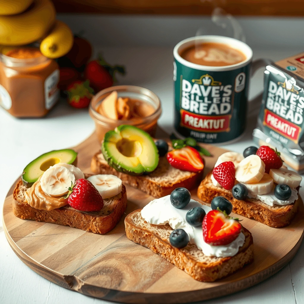 A delicious assortment of toasts made with Dave’s Killer Bread Varieties, topped with fresh fruits, peanut butter, and yogurt.