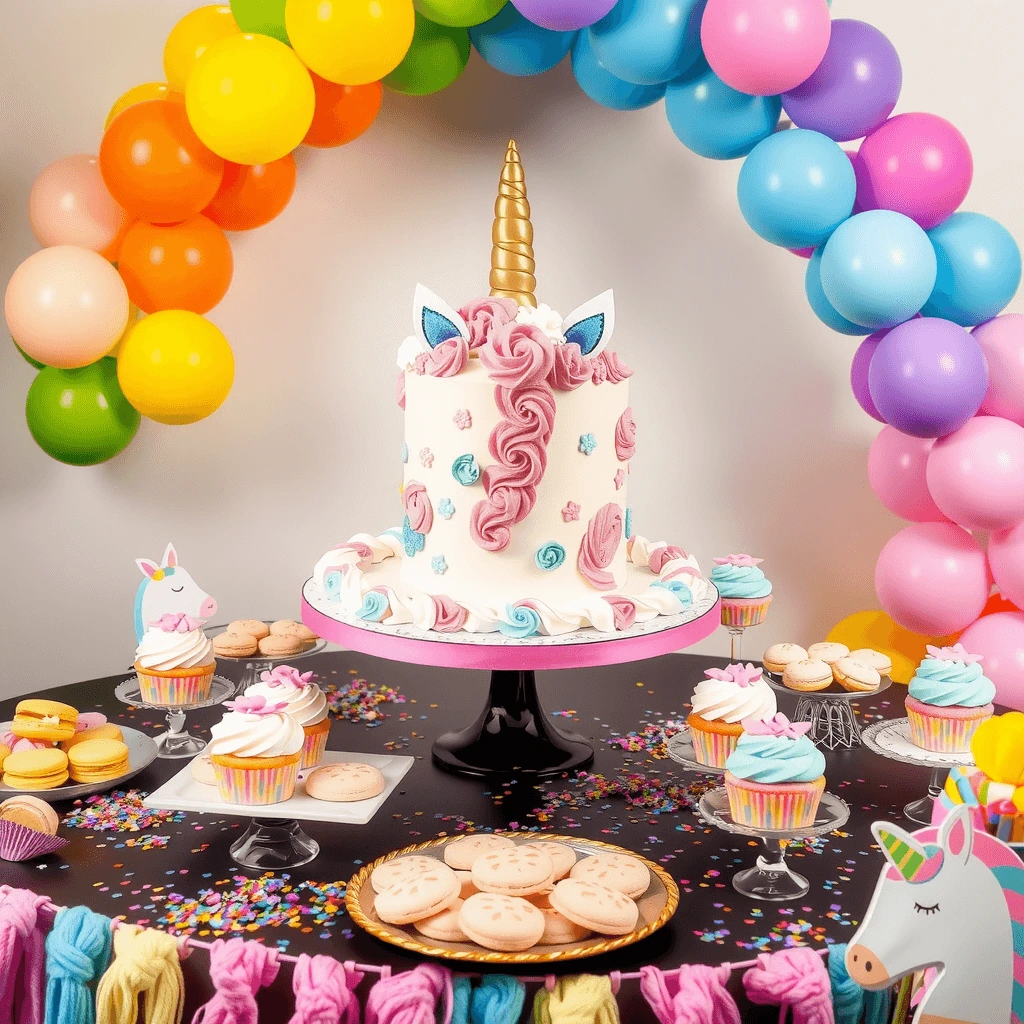 A unicorn-themed party table with a stunning unicorn cake, colorful cupcakes, cookies, and a vibrant balloon arch.