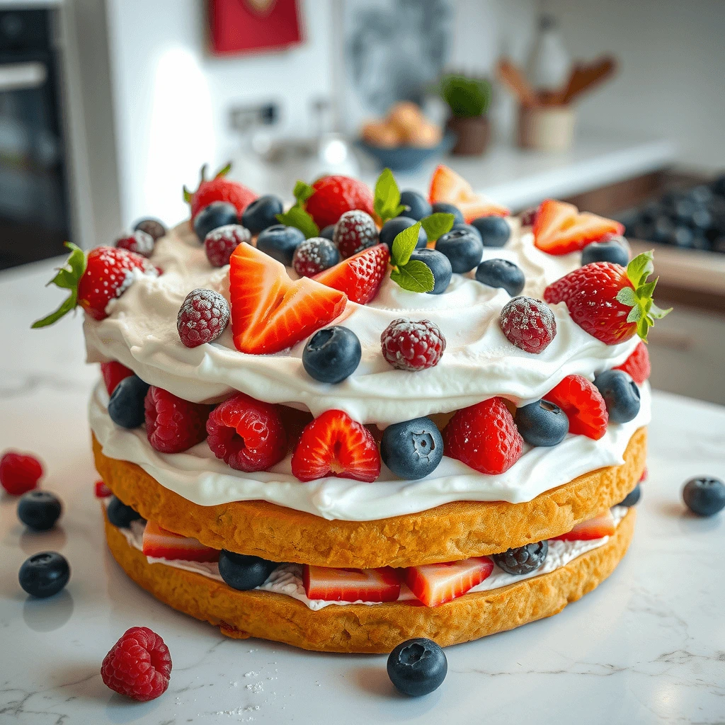 A delicious layered sponge cake topped with whipped cream and fresh berries, including strawberries, blueberries, and raspberries.
