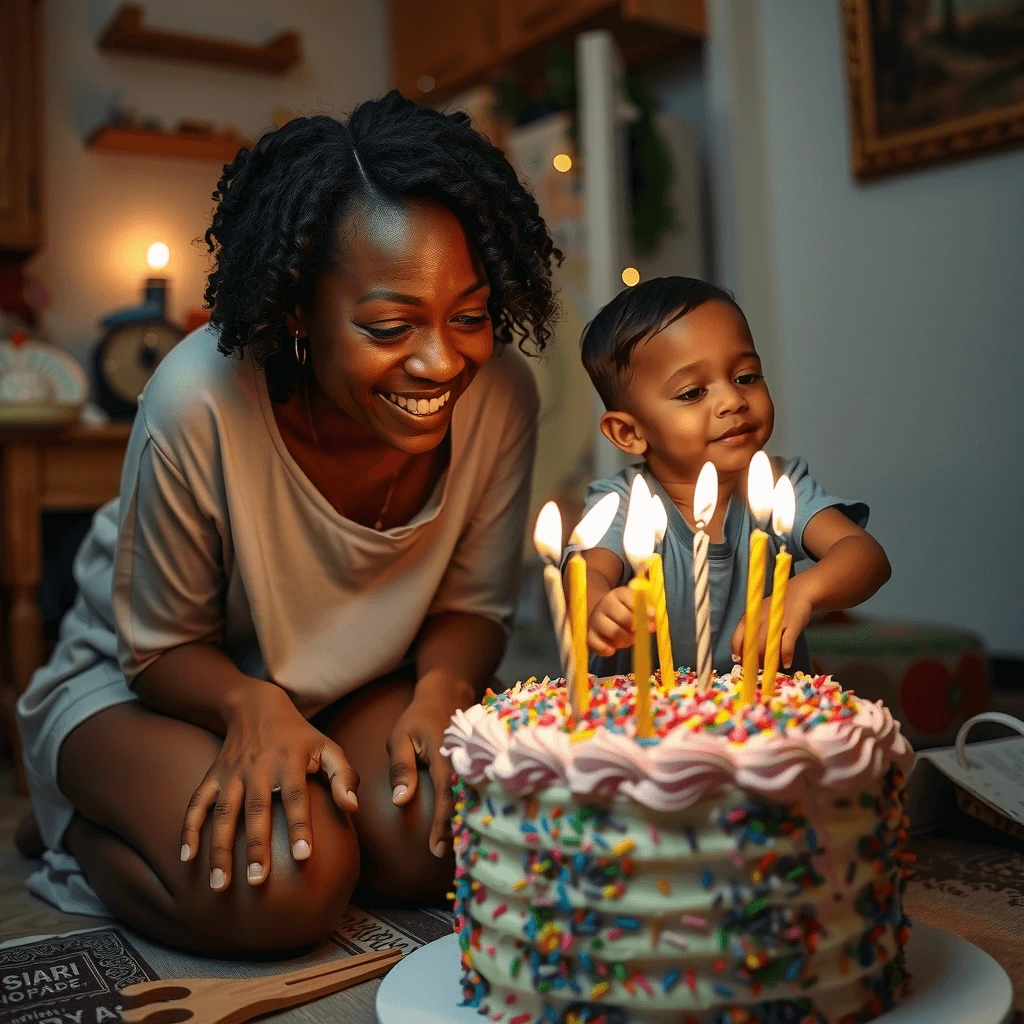 A joyful woman and a young child enjoying a colorful birthday cake with lit candles, decorated with sprinkles, in a warm and cozy setting.