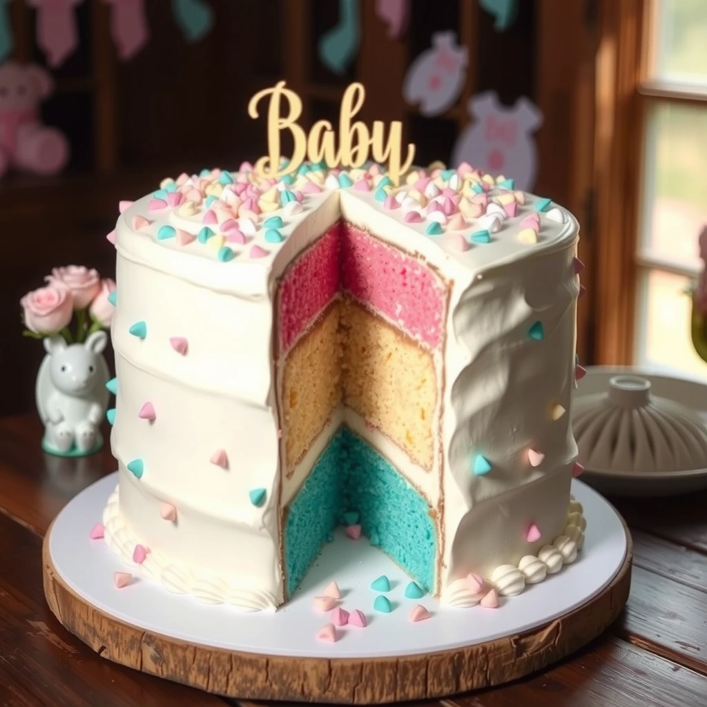 A festive cake with pink and blue sprinkles spilling from the center, covered in smooth white buttercream frosting.