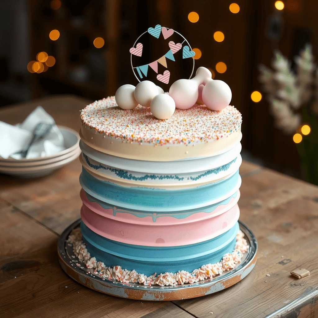 Pastel cake with layers, multicolored sprinkles, fondant balloons, and a whimsical topper with hearts and bunting, set on a rustic wooden table.