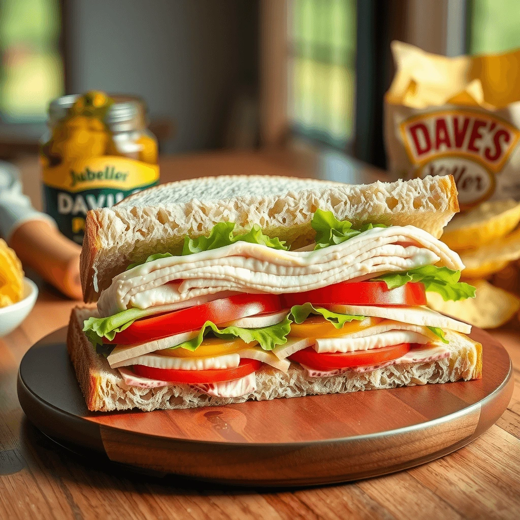 Fresh deli sandwich with layers of turkey, cheese, lettuce, and tomato on rustic bread, served on a wooden platter with chips and pickles in the background.