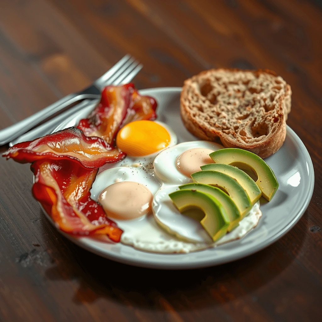 Crispy beef bacon served with sunny-side-up eggs, fresh avocado slices, and toasted whole-grain bread on a rustic wooden table.