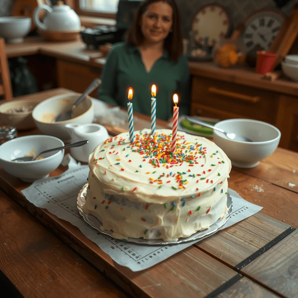 A homemade birthday cake with white frosting, colorful sprinkles, and lit candles sits on a wooden table surrounded by baking tools, symbolizing a single mom’s journey to a meaningful birthday celebration, with a smiling woman in the background.