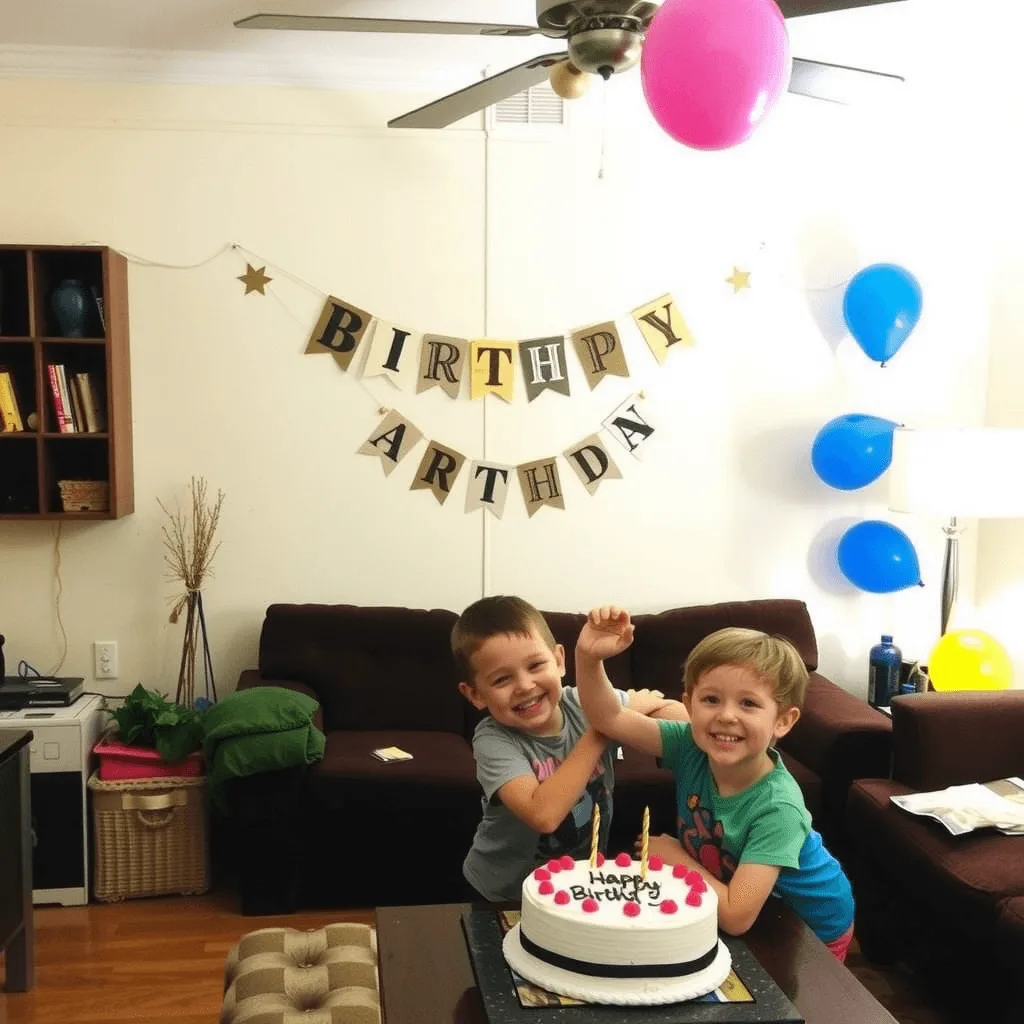 Two young boys joyfully celebrating a birthday, representing a single mom’s journey to a meaningful birthday celebration, with a white frosted cake topped with pink decorations and candles in a festive living room decorated with balloons and a birthday banner.