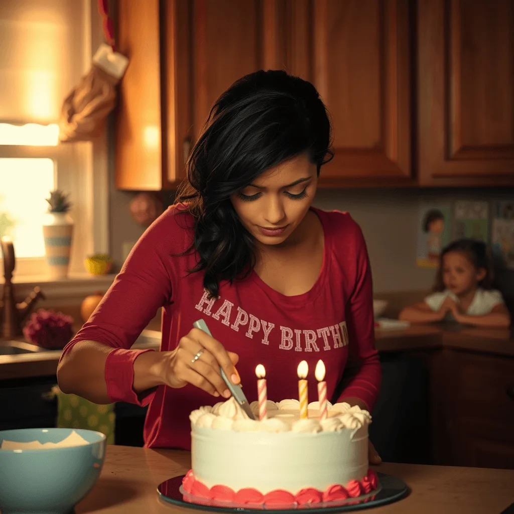 A young woman in a red 'Happy Birthday' shirt carefully decorating a white and pink birthday cake with lit candles, symbolizing a single mom’s journey to a meaningful birthday celebration, as a child watches from the background in a warm kitchen.
