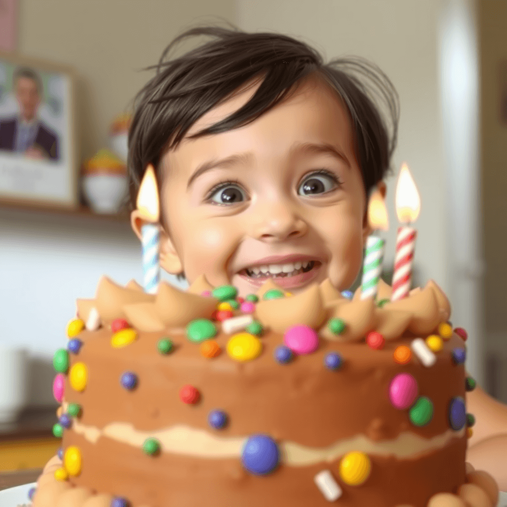 A happy child with wide eyes and a big smile behind a colorful chocolate birthday cake decorated with candy and lit candles