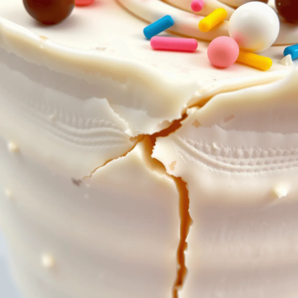 A close-up view of a white frosted cake with a visible crack, colorful sprinkles, and decorative candy on top