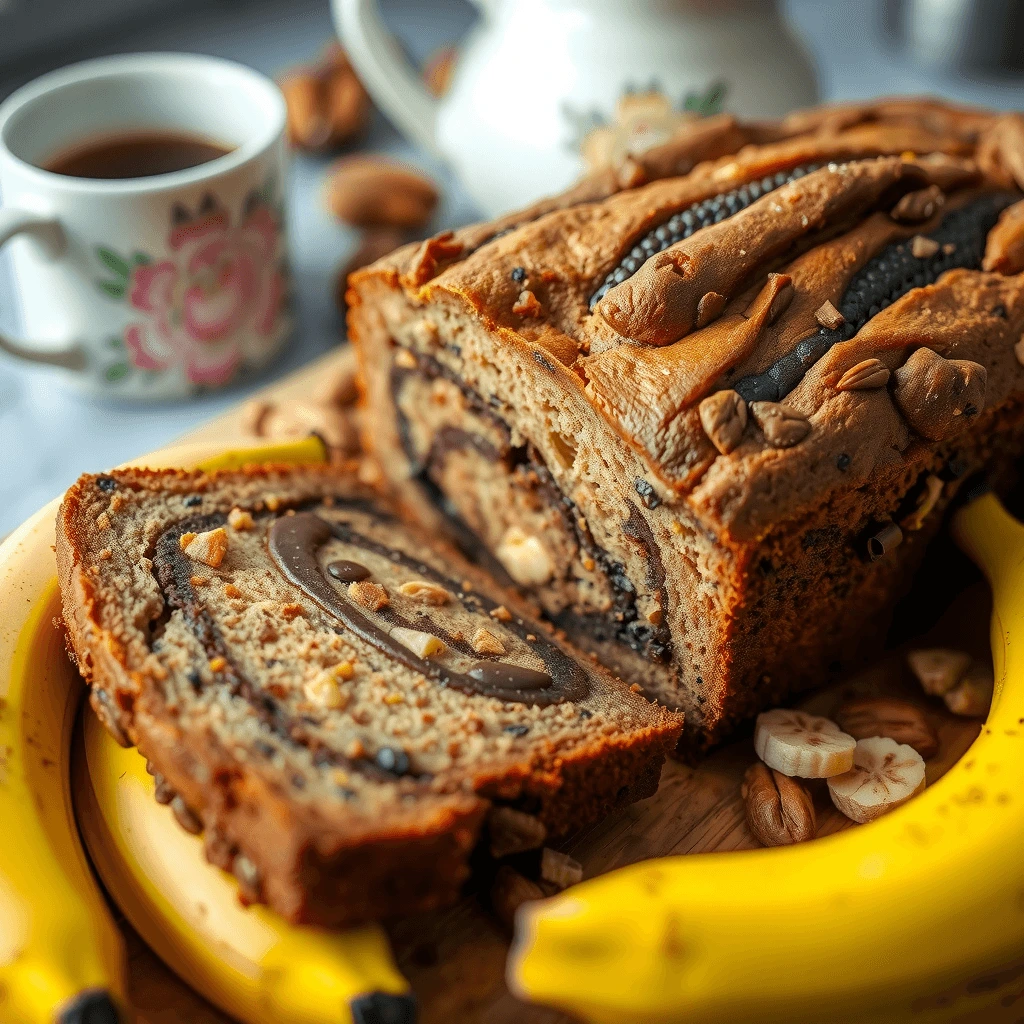 Moist banana bread swirled with chocolate and chopped nuts, served with a cup of coffee for a cozy homemade treat.