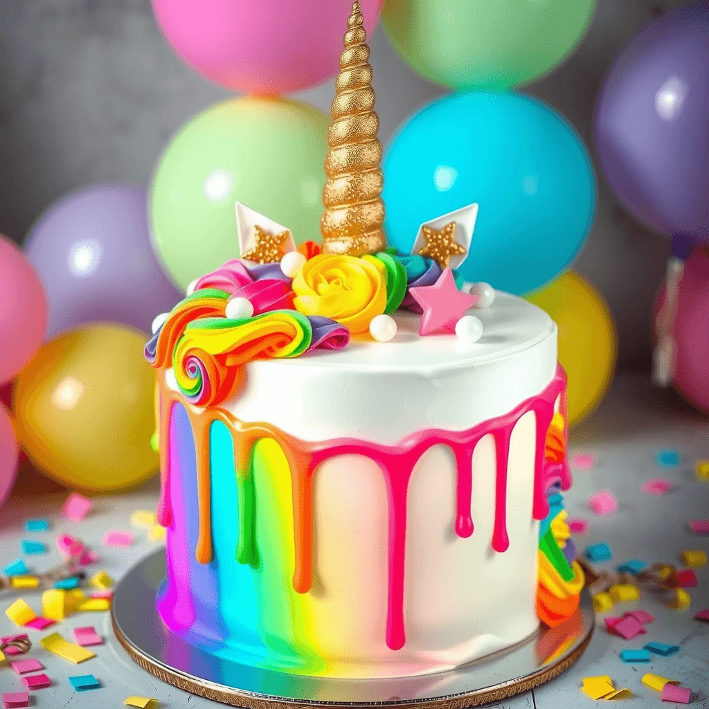 A vibrant cake with a golden horn, rainbow drips, and festive decorations, creating a whimsical and magical celebration centerpiece.