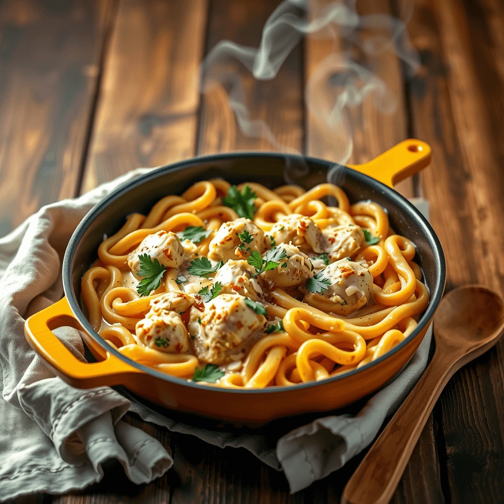 Quick and easy creamy pasta with chicken meatballs, served in a skillet.