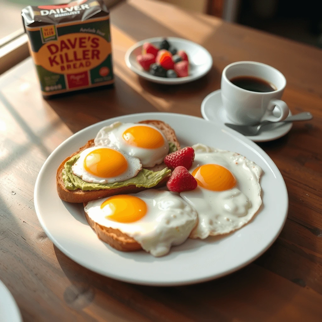 Breakfast plate featuring sunny-side-up eggs on Dave’s Killer Bread toast with avocado, served with fresh berries and coffee.