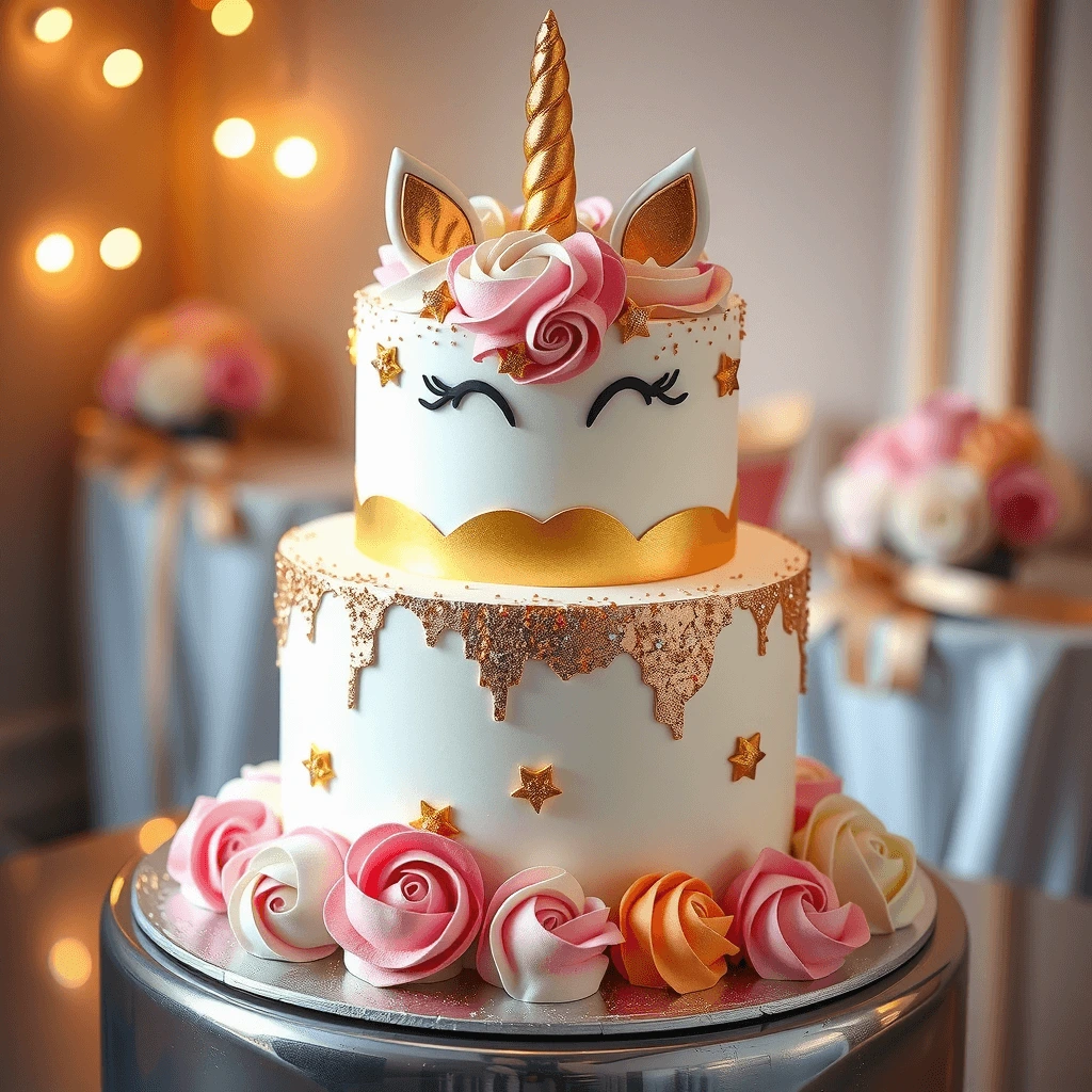 An elegant cake adorned with shimmering gold accents, intricate floral embellishments, and a charming unicorn motif, ideal for celebrating special moments.