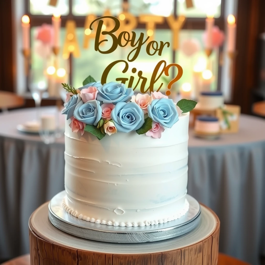 Elegant white-frosted cake adorned with pastel blue and pink roses, featuring a golden "Boy or Girl?" topper, beautifully displayed on a rustic wooden cake stand.