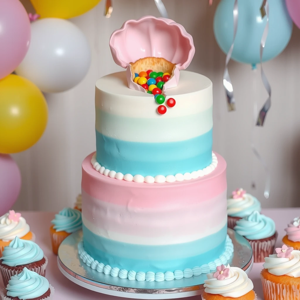 Two-tier gender reveal cake with pastel pink and blue gradient frosting, topped with a pink shell spilling colorful candies, surrounded by cupcakes and balloons.