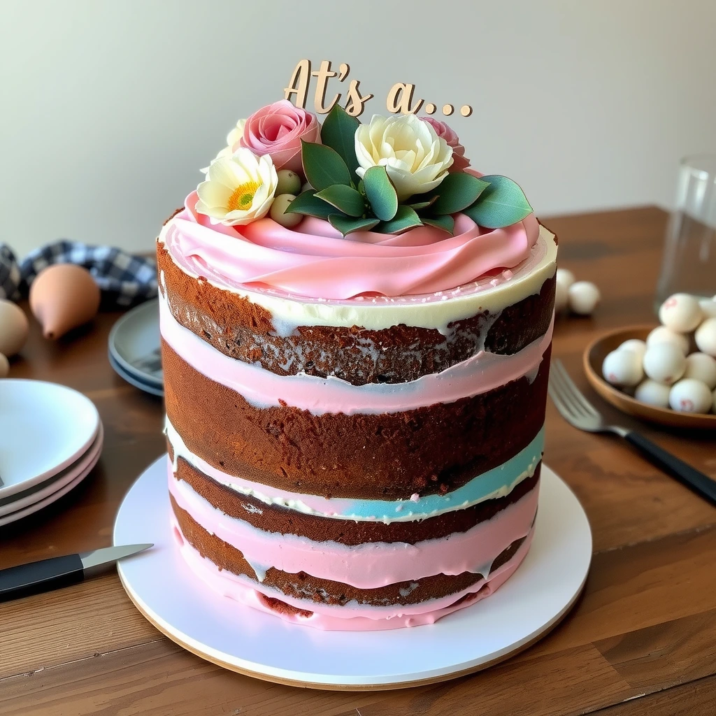 Rustic naked cake with layers of pink and white frosting, adorned with fresh flowers and a wooden "It's a..." topper, elegantly presented on a wooden table.