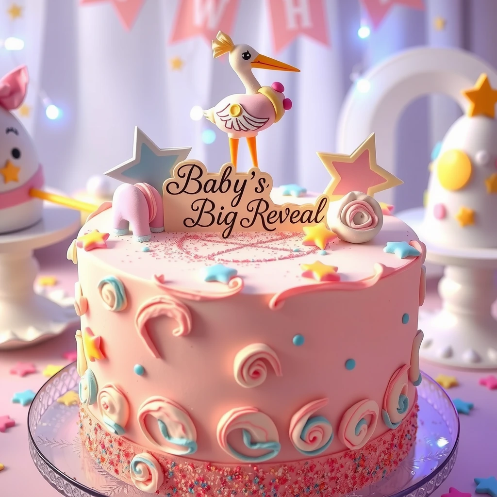 Pink gender reveal cake decorated with pastel swirls, stars, and a stork topper reading "Baby's Big Reveal," surrounded by festive party decorations.