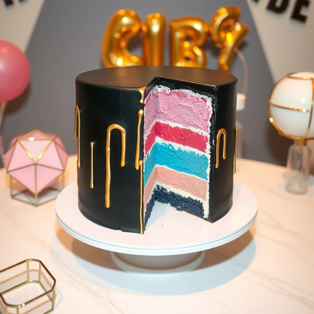 Modern gender reveal cake with a black fondant exterior, gold drip accents, and vibrant pink, blue, and neutral layered interiors, displayed on a white cake stand.