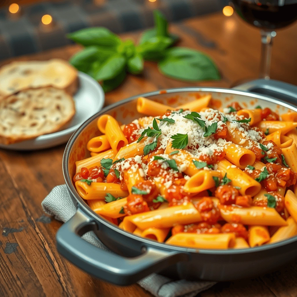 A hearty pasta dish with penne, rich tomato sauce, Parmesan cheese, and fresh parsley, served in a skillet with crusty bread and basil in the background.