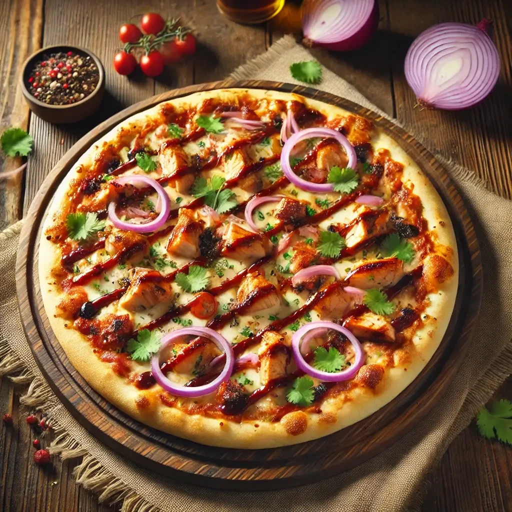 A crispy thin-crust BBQ Chicken Pizza topped with grilled chicken, barbecue sauce, red onions, cilantro, and melted cheese.