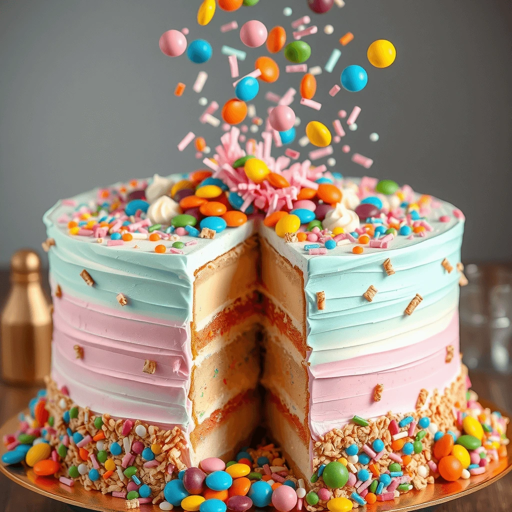 A festive gender reveal cake with pastel blue and pink frosting, bursting with colorful candies as the surprise filling is revealed.