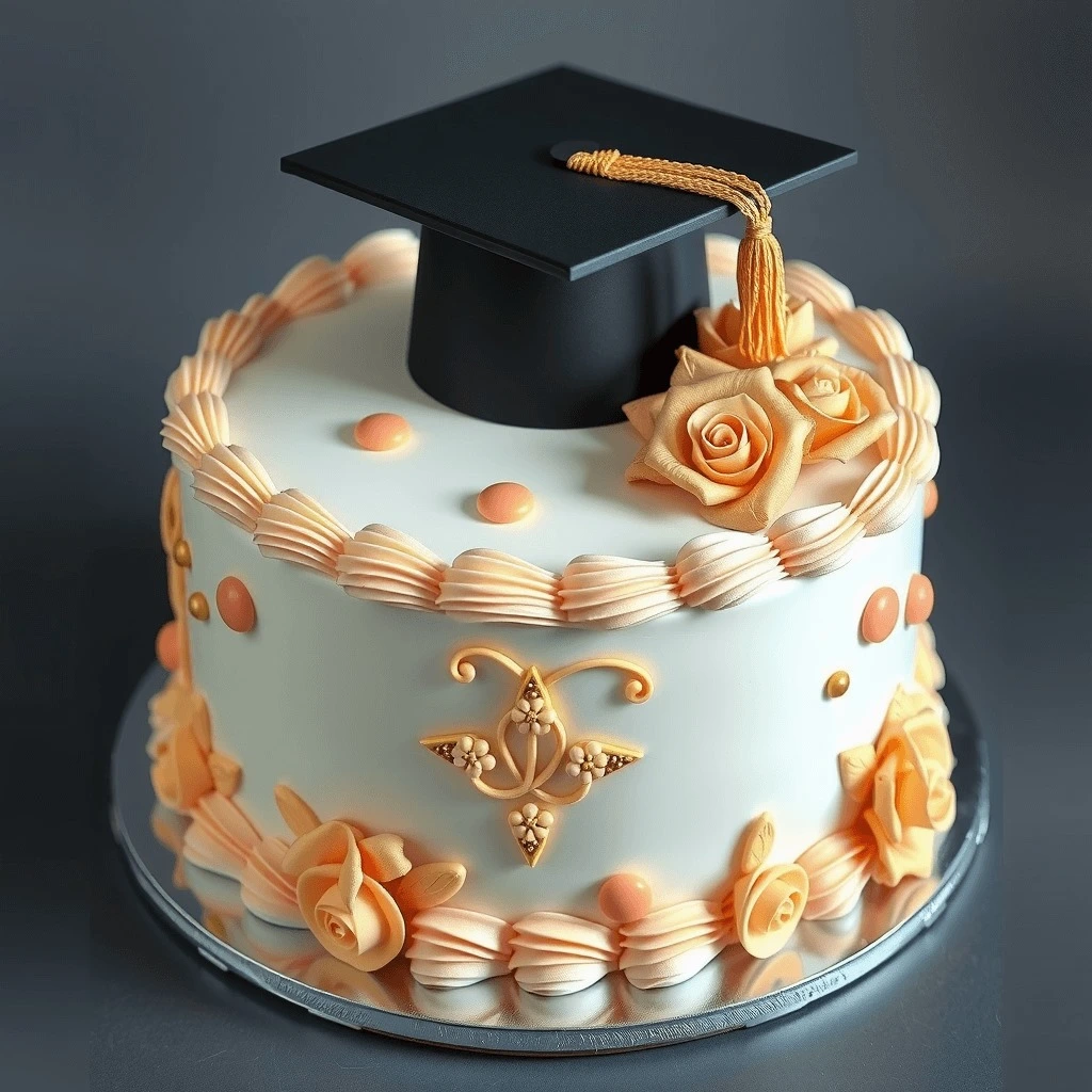 Elegant cake with fondant graduation cap, roses, and intricate piping details.