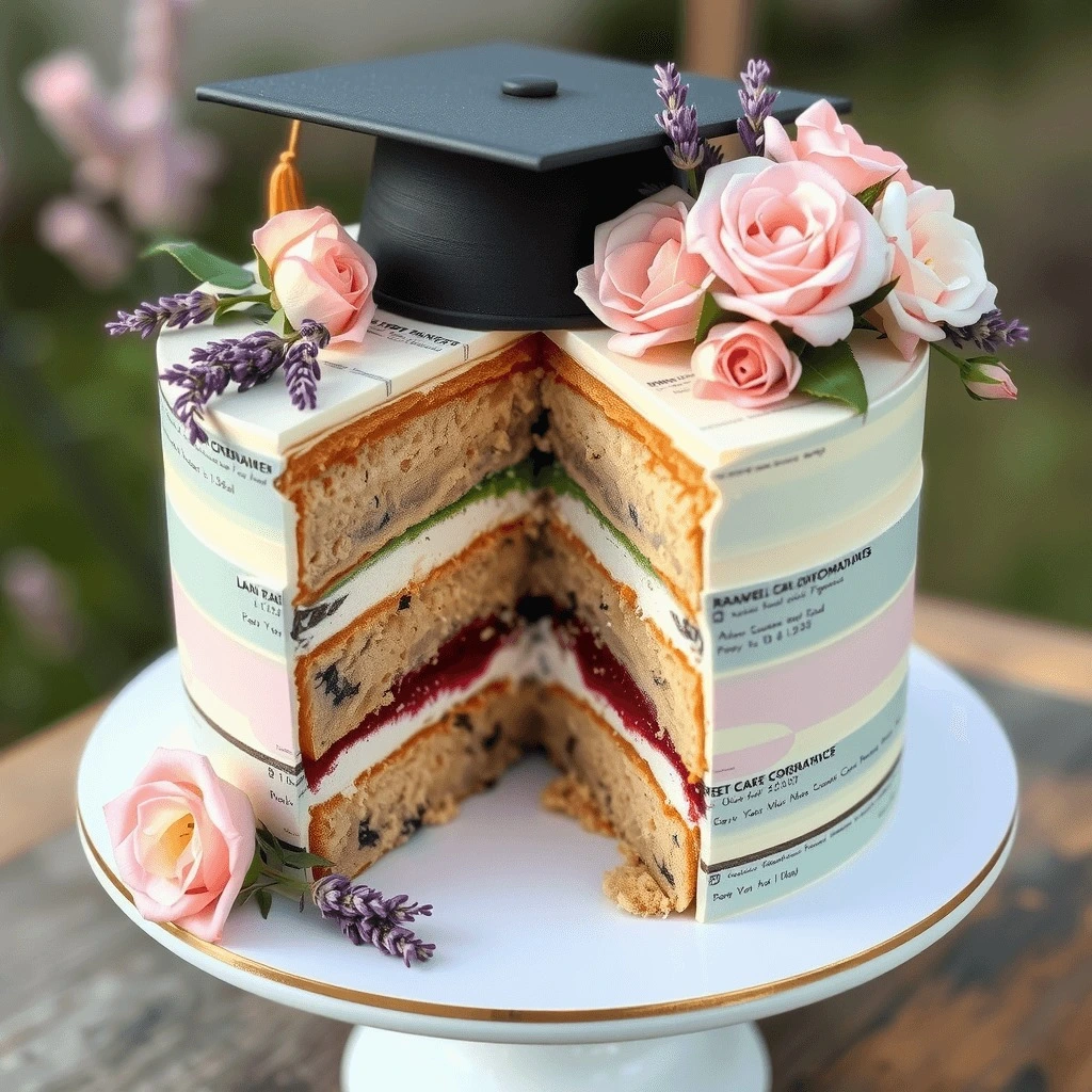 Graduation cake with a fondant graduation cap and colorful layers, decorated with flowers.