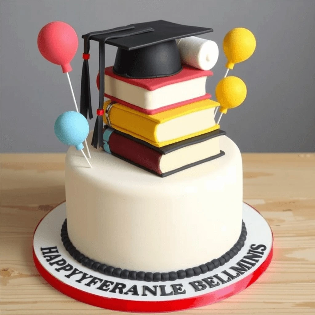 Cake with fondant books, a graduation cap, and colorful balloons.