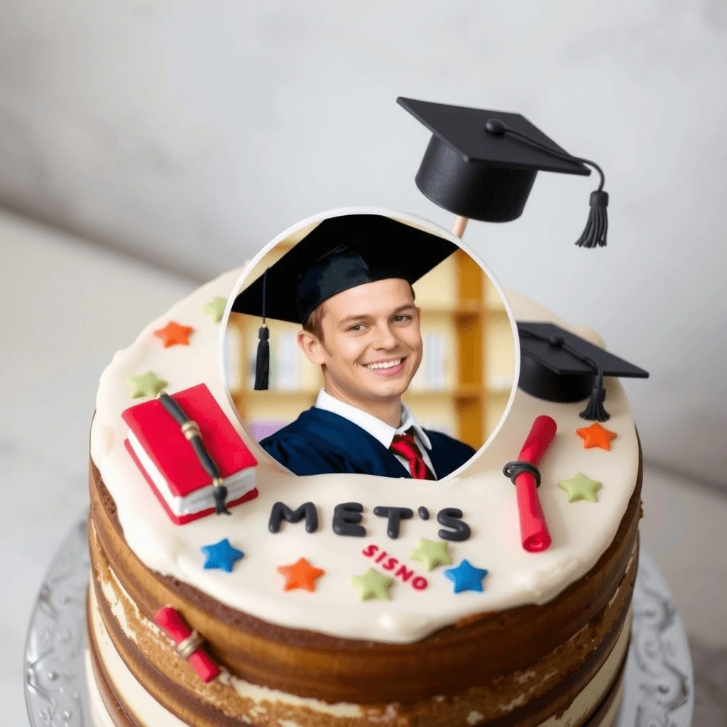 Graduation cake with an edible photo topper, graduation caps, books, and colorful star decorations, celebrating the graduate’s achievement.