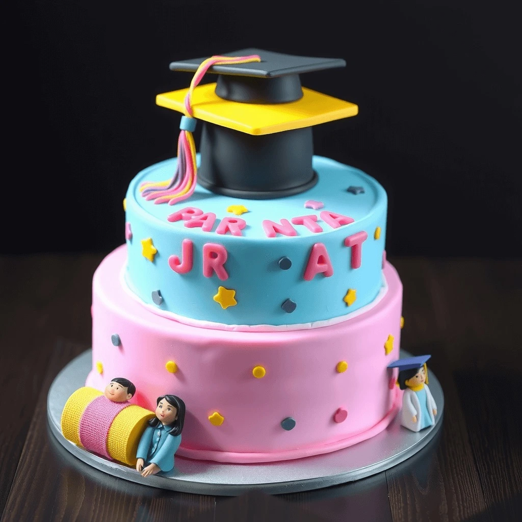 Colorful graduation cake with a fondant graduation cap, playful figurines, and vibrant decorations featuring stars and letters.