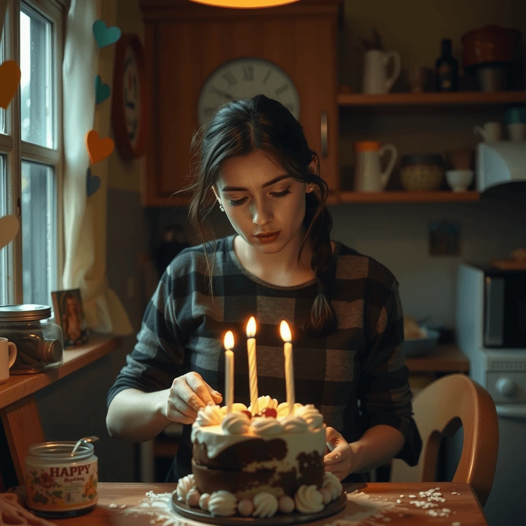 A single mother in a dimly lit kitchen, carefully placing candles on a homemade birthday cake with a heartfelt expression.