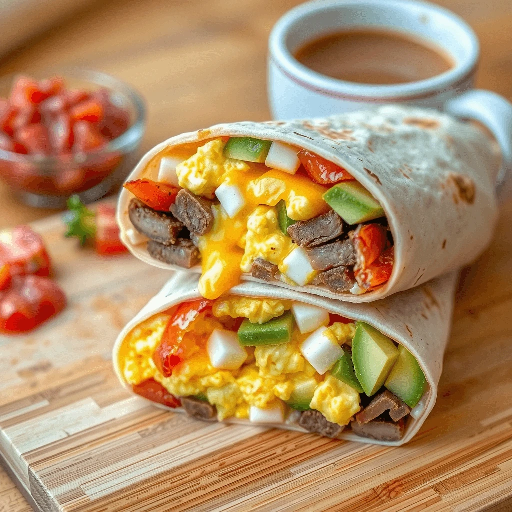 A sliced beef bacon breakfast burrito with scrambled eggs, melted cheese, and avocado on a wooden cutting board with salsa.