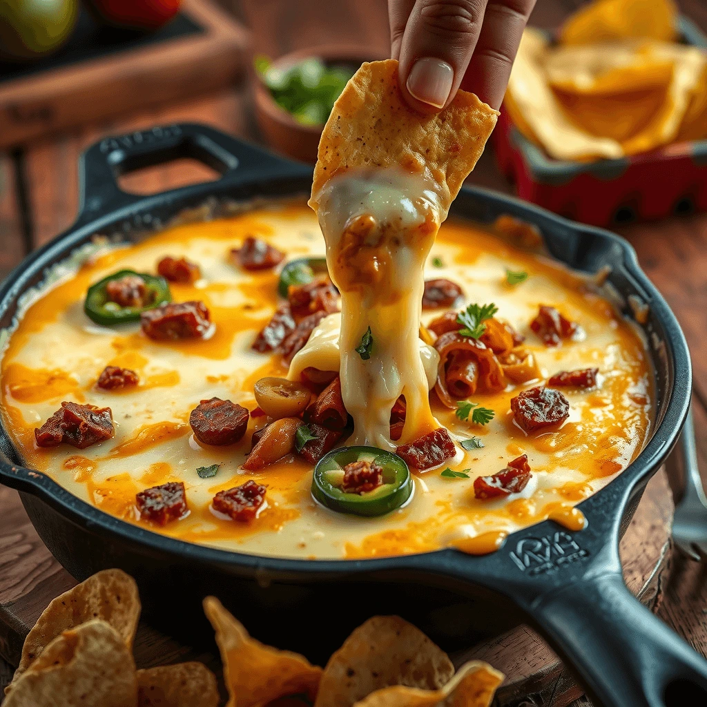 Gooey queso fundido made with Chihuahua cheese, topped with crispy chorizo and roasted poblanos, served in a hot cast-iron skillet.