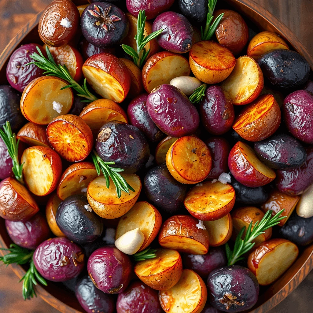 Roasted purple, red, and golden potatoes garnished with rosemary and garlic on a rustic wooden tray.