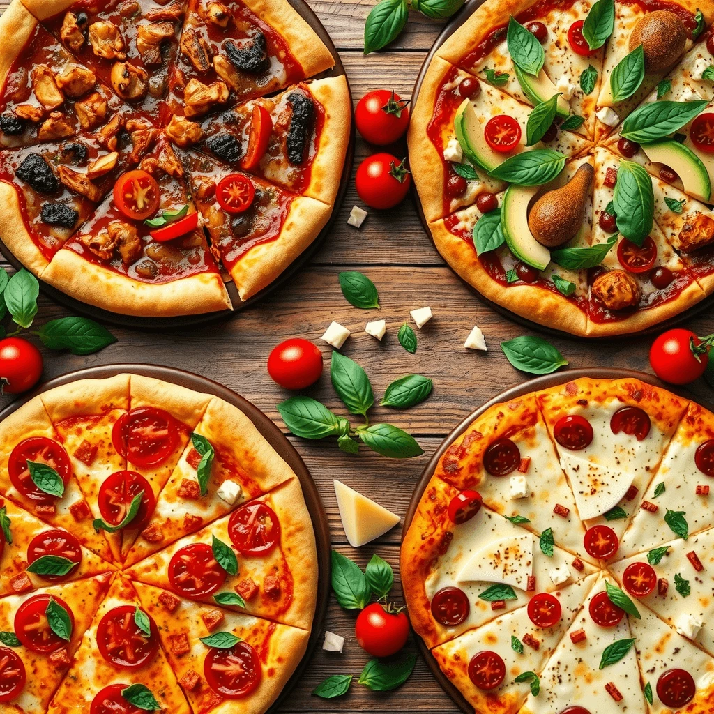 A top-down view of four signature pizzas from the California Pizza Kitchen menu, including The Original BBQ Chicken Pizza, Thai Chicken Pizza, California Club Pizza, and Five Cheese + Fresh Tomato Pizza.