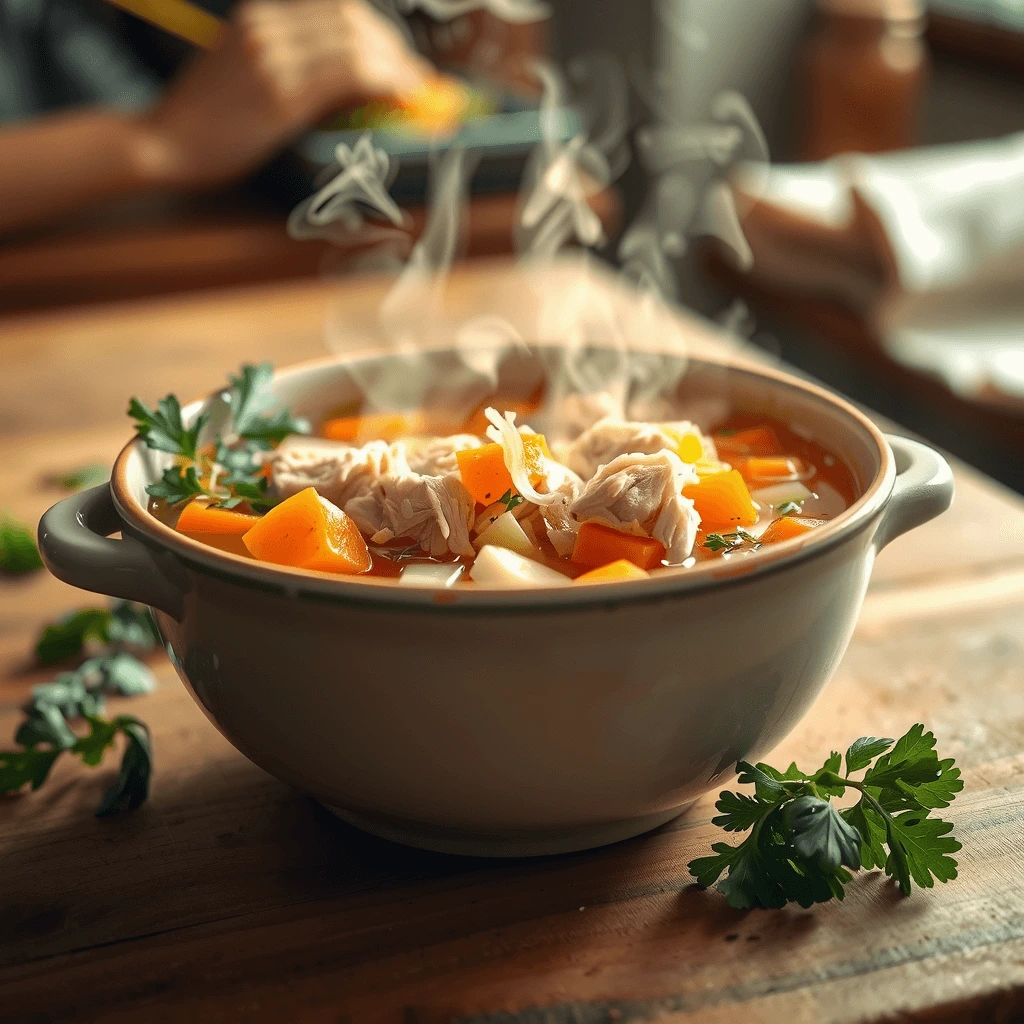 A steaming bowl of homemade chicken soup with golden bone broth, shredded chicken, fresh organic vegetables, and herbs.