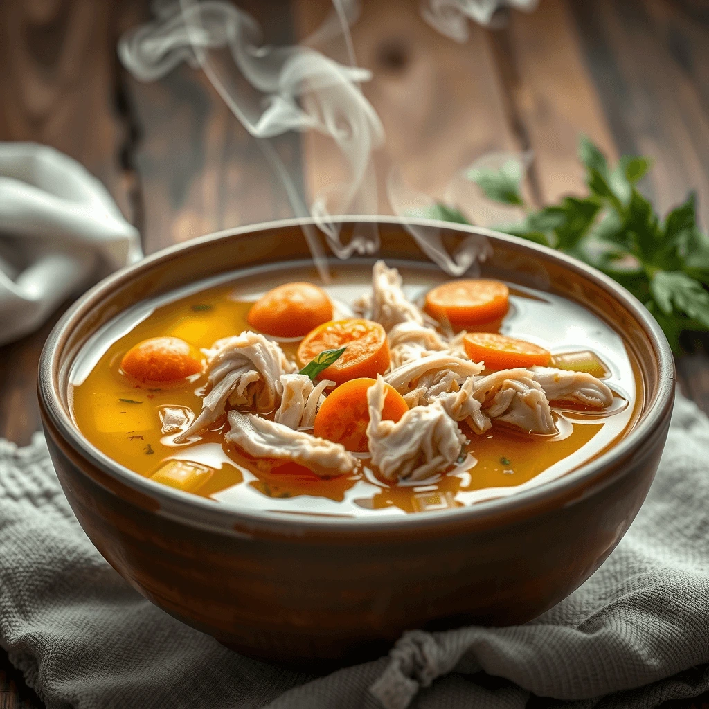 A steaming bowl of homemade chicken soup with shredded chicken, carrots, celery, and fresh herbs in a rustic ceramic bowl.