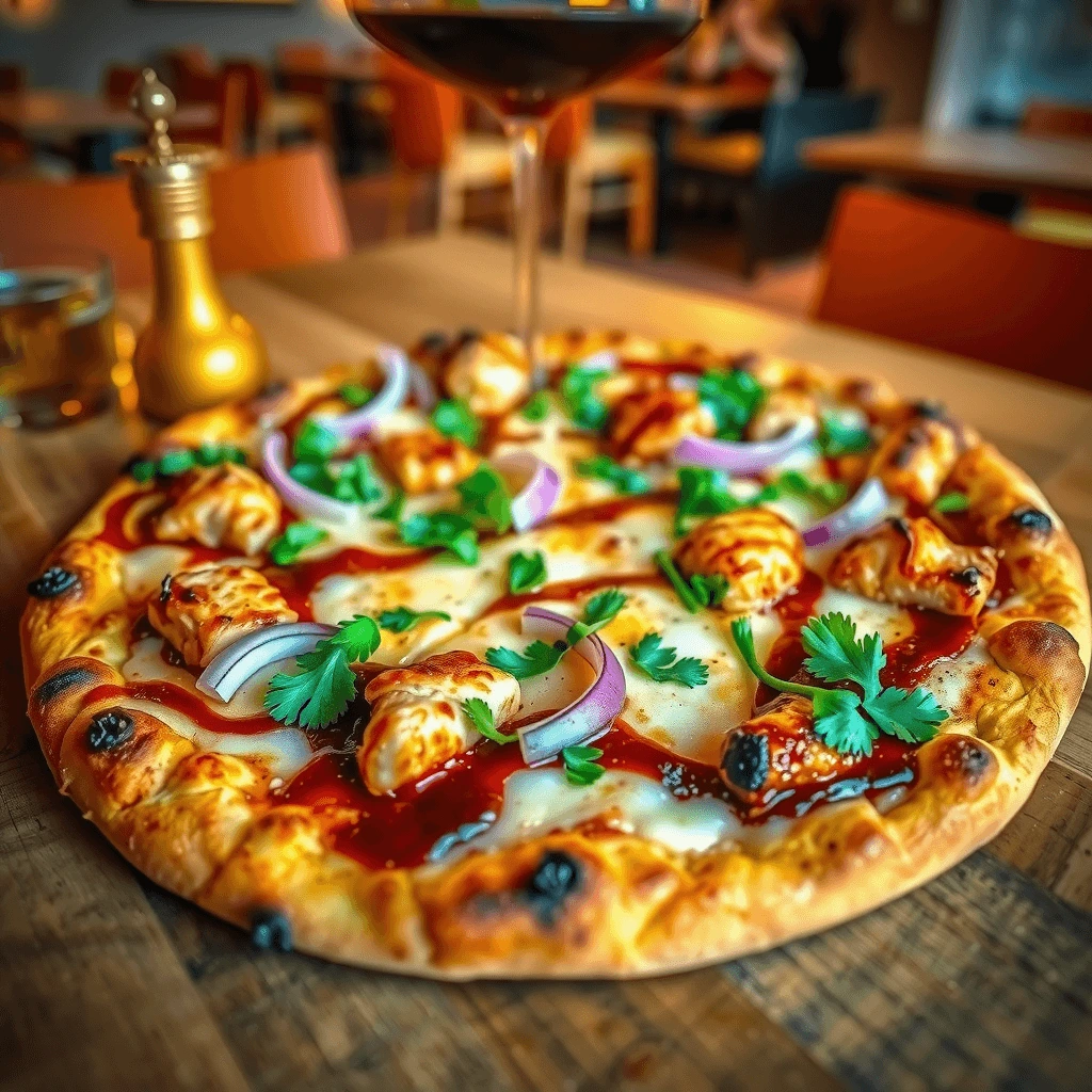 The Original BBQ Chicken Pizza from the best California Pizza Kitchen menu items, topped with grilled chicken, BBQ sauce, Gouda cheese, and red onions.