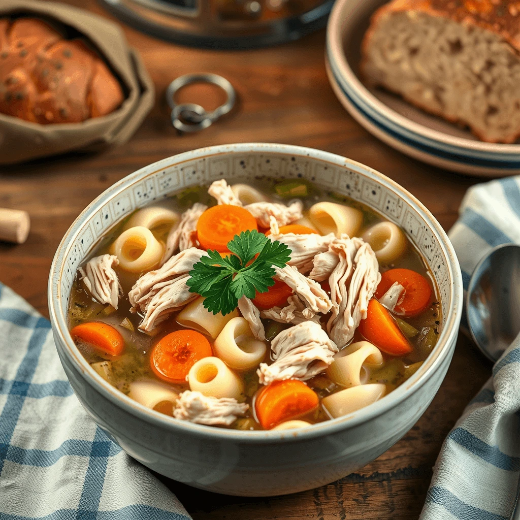 A steaming bowl of classic homestyle chicken noodle soup with egg noodles, shredded chicken, carrots, and celery.