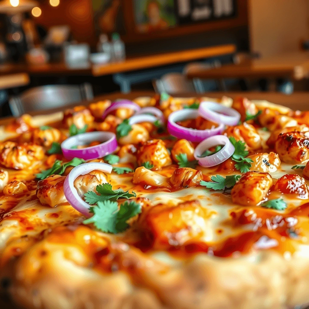 Close-up of California Pizza Kitchen’s Original BBQ Chicken Pizza with melted cheese and grilled chicken.