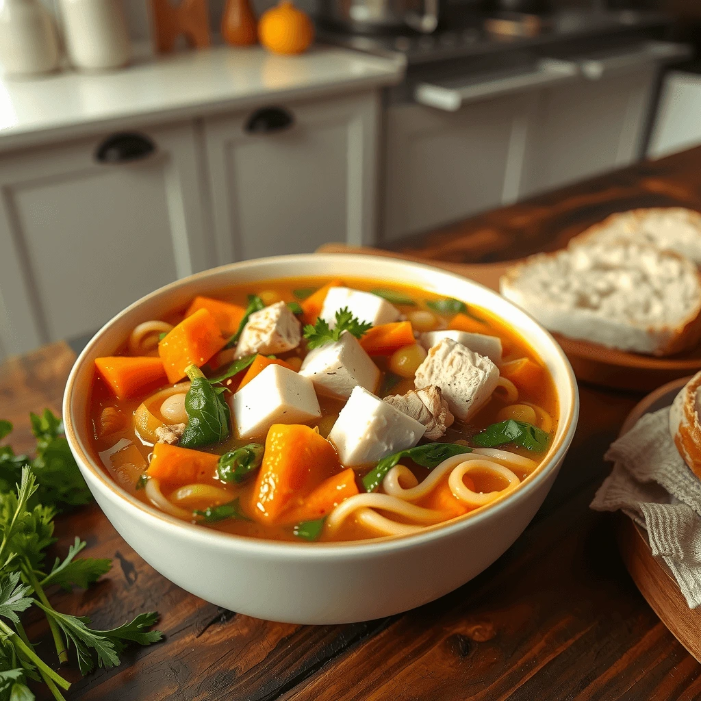 Bowl of gluten-free and vegan chicken soup with vegetables and tofu