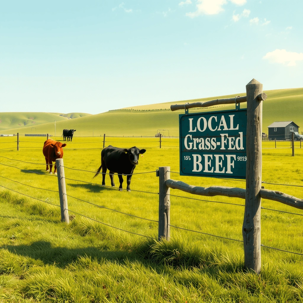Grass-fed cows grazing in a lush green pasture with a wooden sign reading "Local Grass-Fed Beef" near a rustic farm.